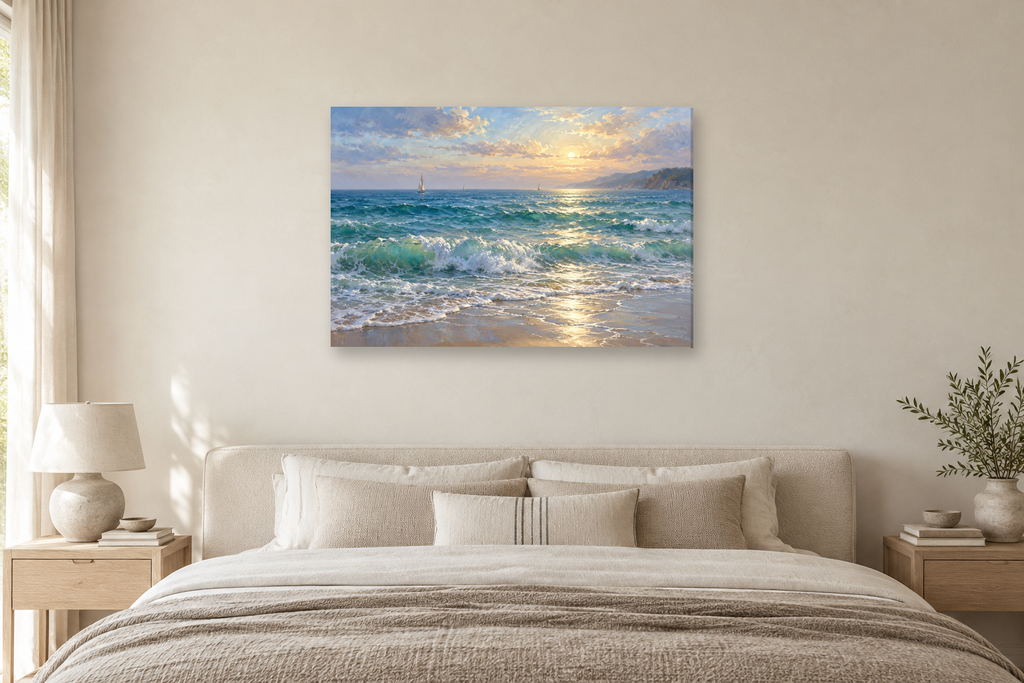 Seafoam Rhythm — horizontal canvas in a bedroom, full original artwork