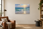 Seafoam Rhythm — horizontal canvas in a reading corner, full original artwork