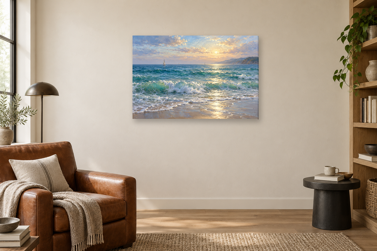 Seafoam Rhythm — horizontal canvas in a reading corner, full original artwork