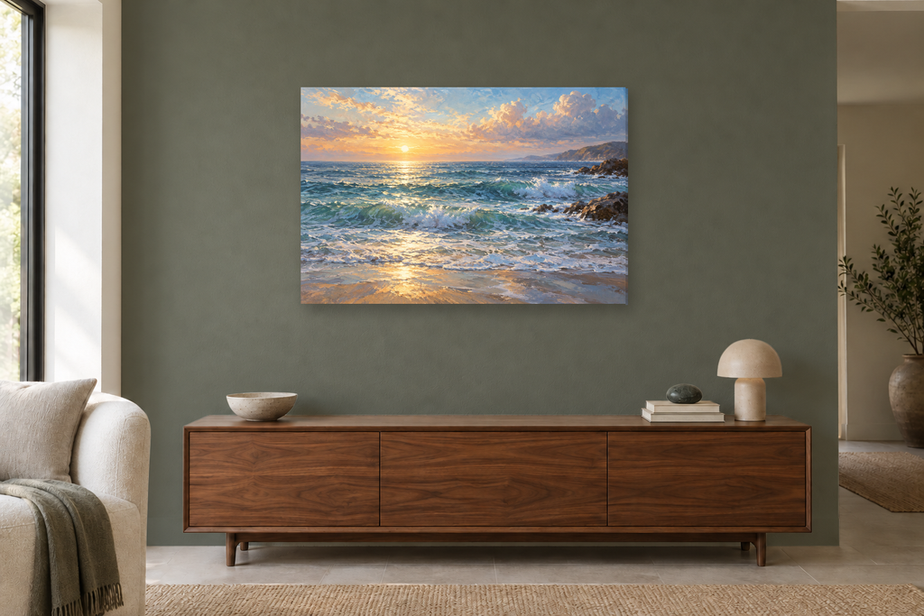 Saltwater Morning — horizontal canvas in a living room, full original artwork