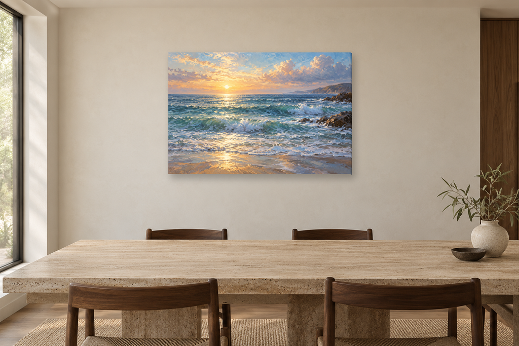 Saltwater Morning — horizontal canvas in a dining room, full original artwork