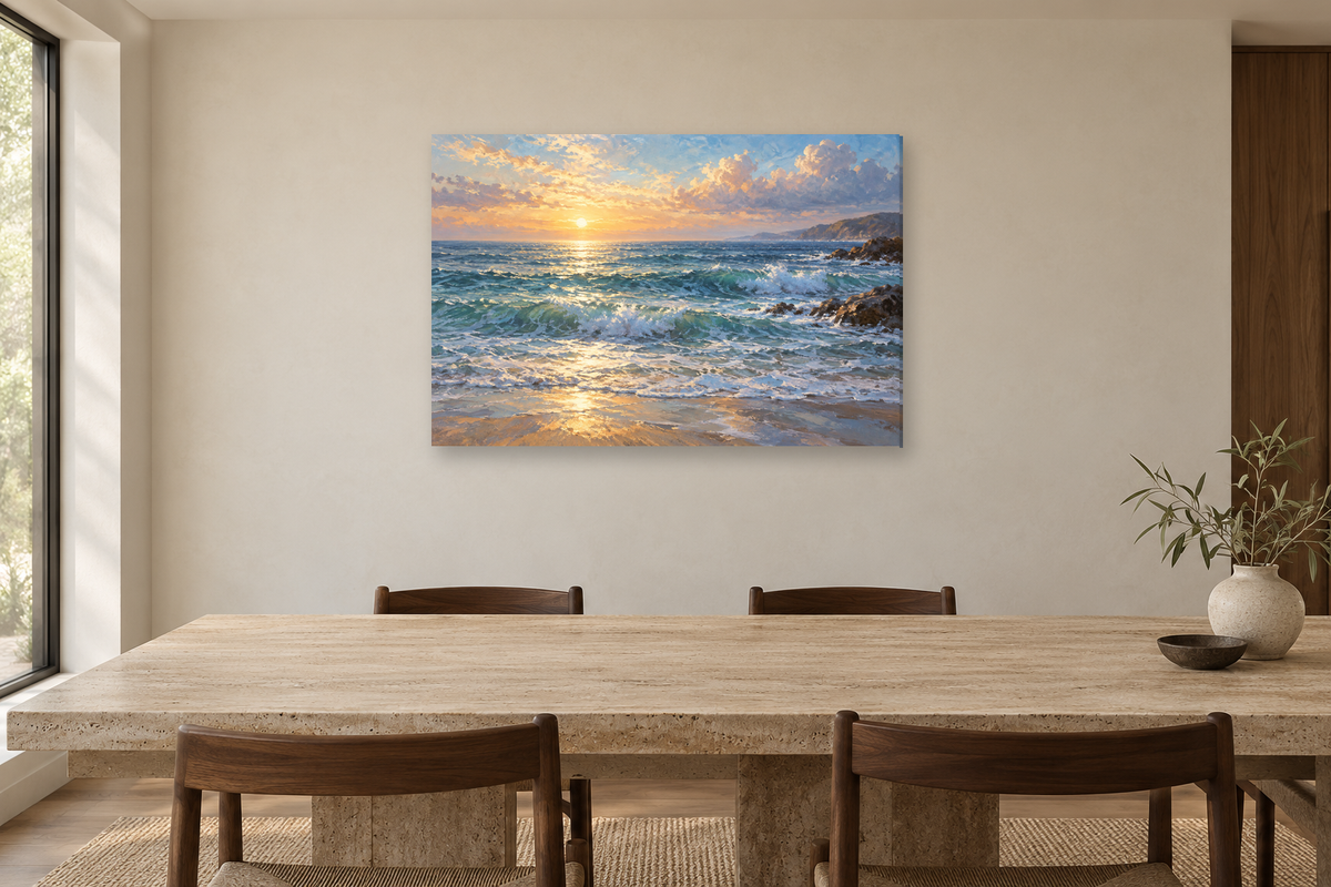 Saltwater Morning — horizontal canvas in a dining room, full original artwork