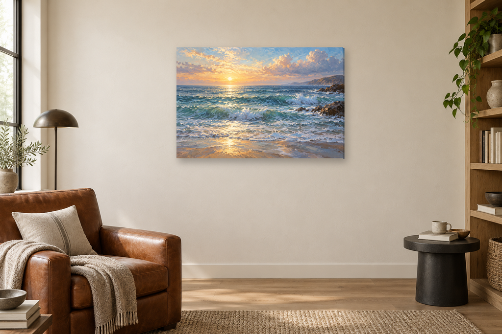 Saltwater Morning — horizontal canvas in a reading corner, full original artwork