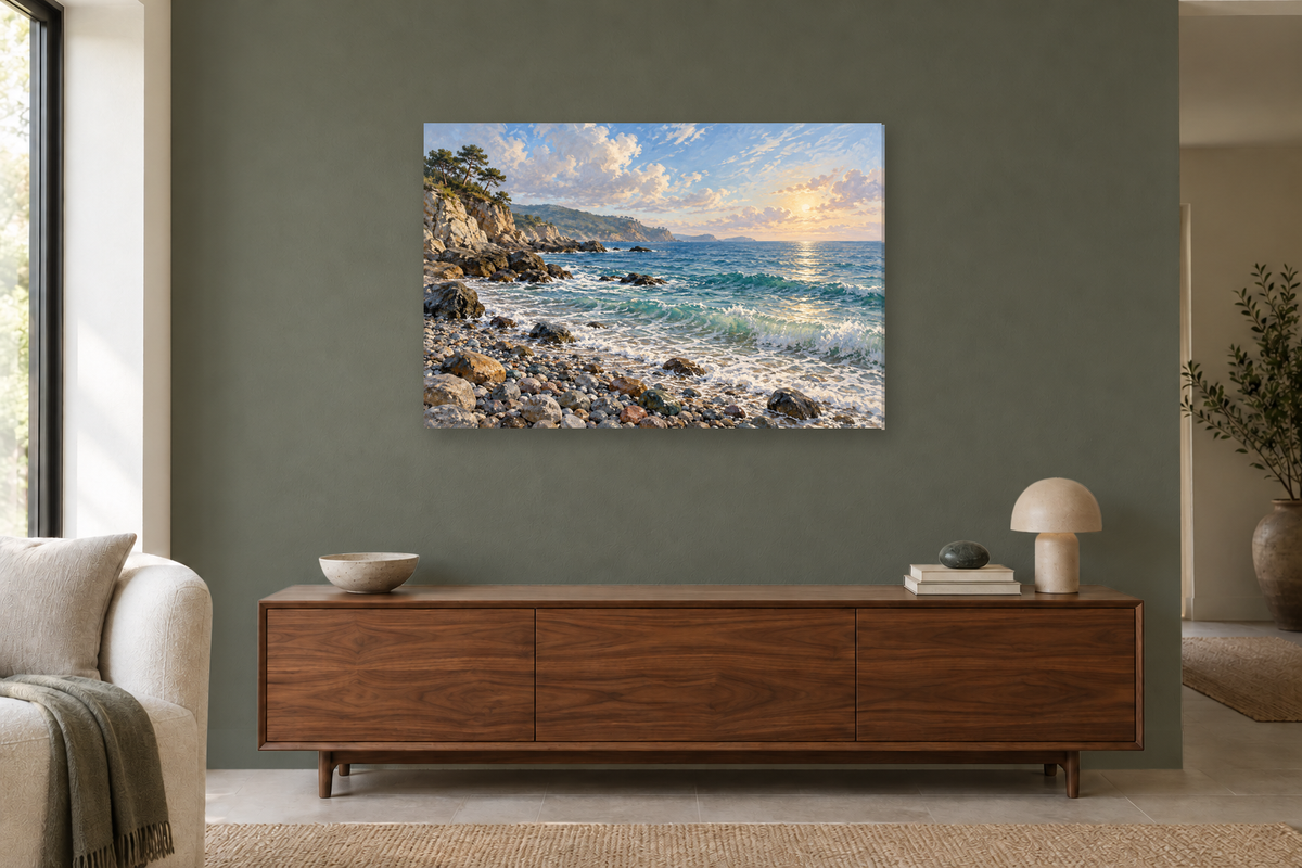 Pebble Cove — horizontal canvas in a living room, full original artwork