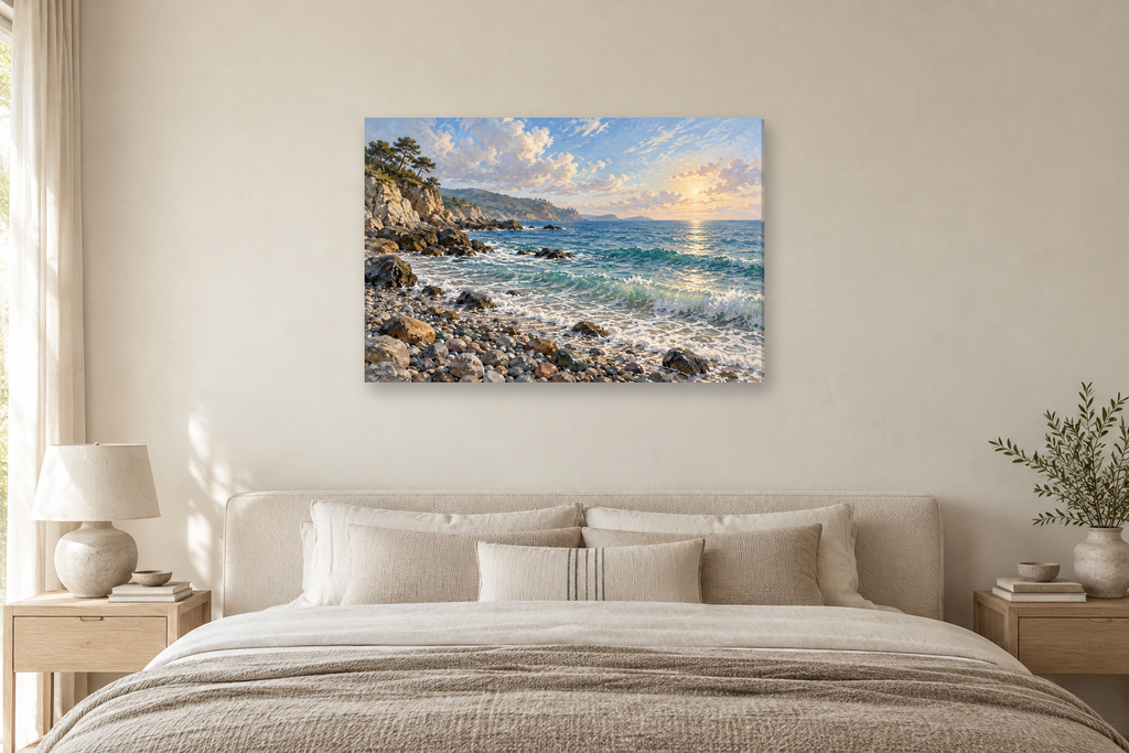 Pebble Cove — horizontal canvas in a bedroom, full original artwork
