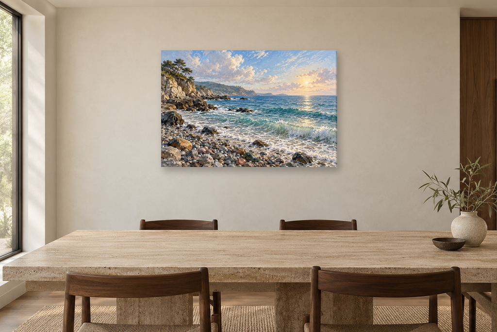 Pebble Cove — horizontal canvas in a dining room, full original artwork