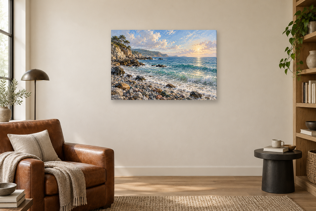 Pebble Cove — horizontal canvas in a reading corner, full original artwork