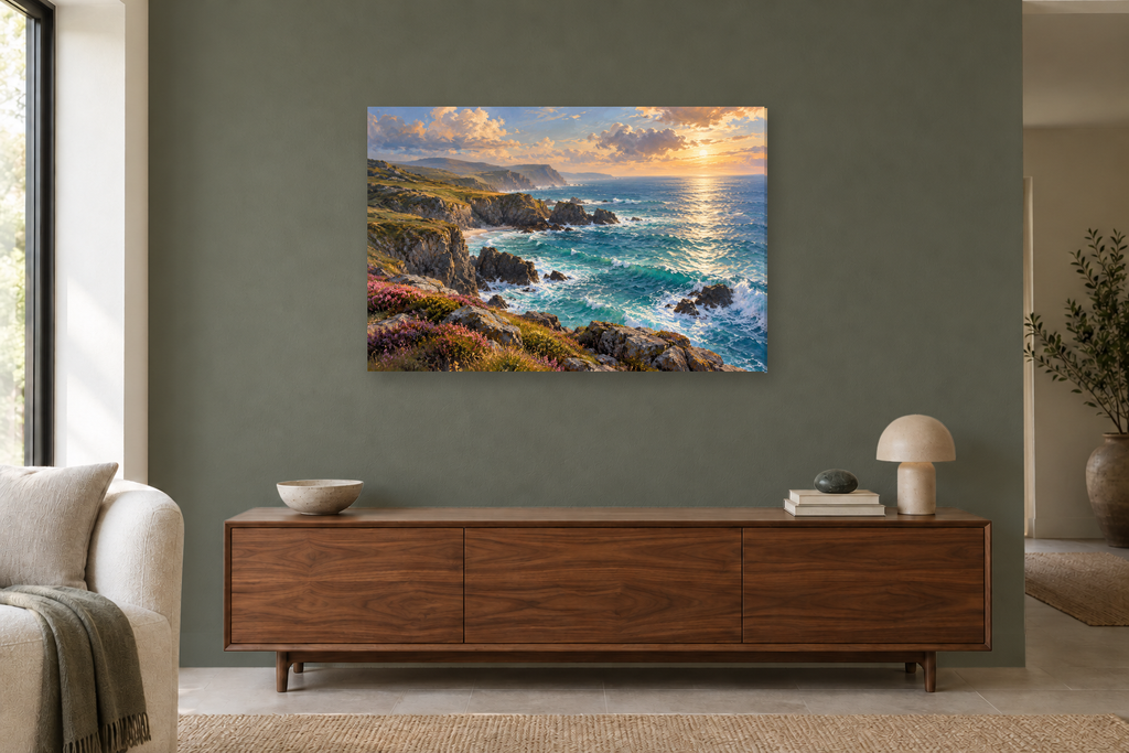 Wild Coast Light — horizontal canvas in a living room, full original artwork