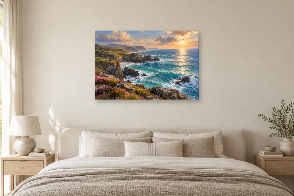 Wild Coast Light — horizontal canvas in a bedroom, full original artwork