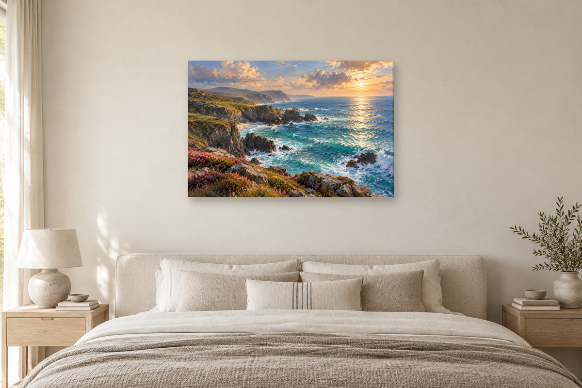 Wild Coast Light — horizontal canvas in a bedroom, full original artwork