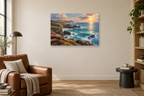 Wild Coast Light — horizontal canvas in a reading corner, full original artwork