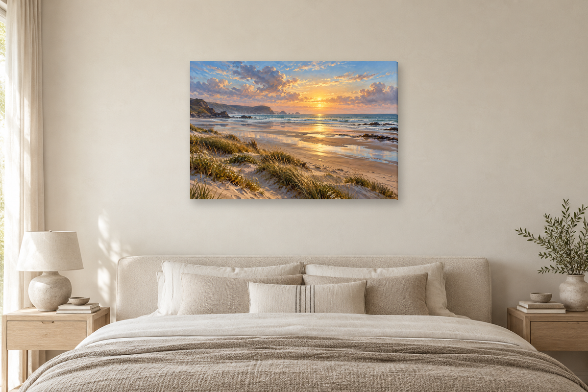 Tidal Mirror — horizontal canvas in a bedroom, full original artwork