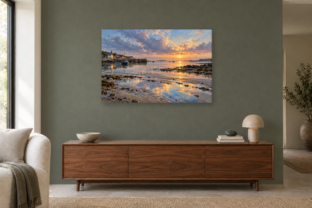 Harbour Stillness — horizontal canvas in a living room, full original artwork
