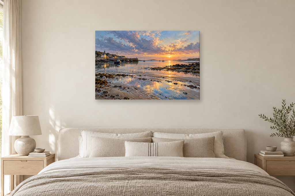 Harbour Stillness — horizontal canvas in a bedroom, full original artwork