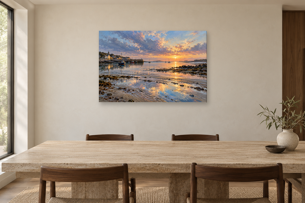 Harbour Stillness — horizontal canvas in a dining room, full original artwork