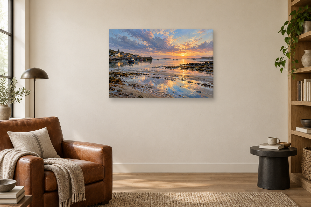 Harbour Stillness — horizontal canvas in a reading corner, full original artwork