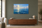 Sailing Into Blue — horizontal canvas in a living room, full original artwork