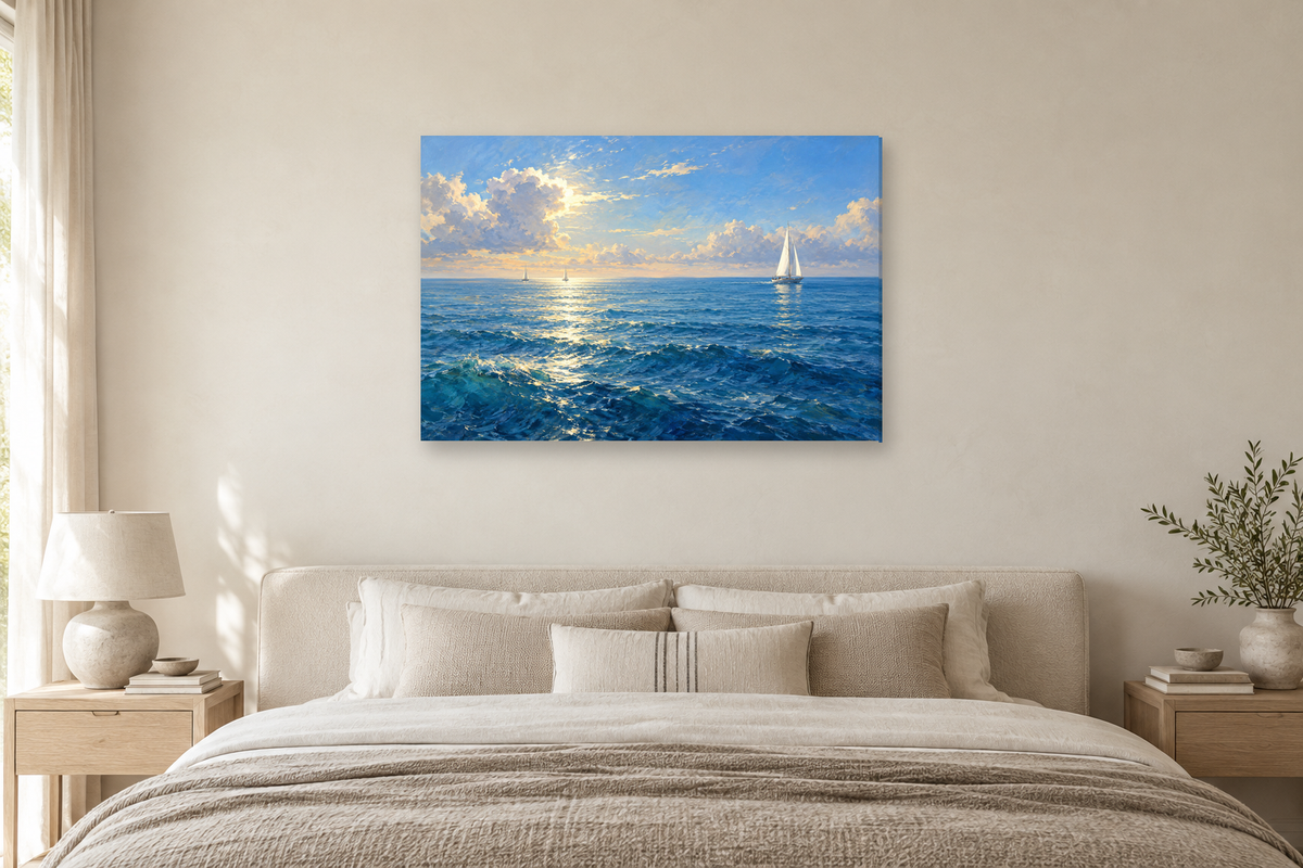 Sailing Into Blue — horizontal canvas in a bedroom, full original artwork