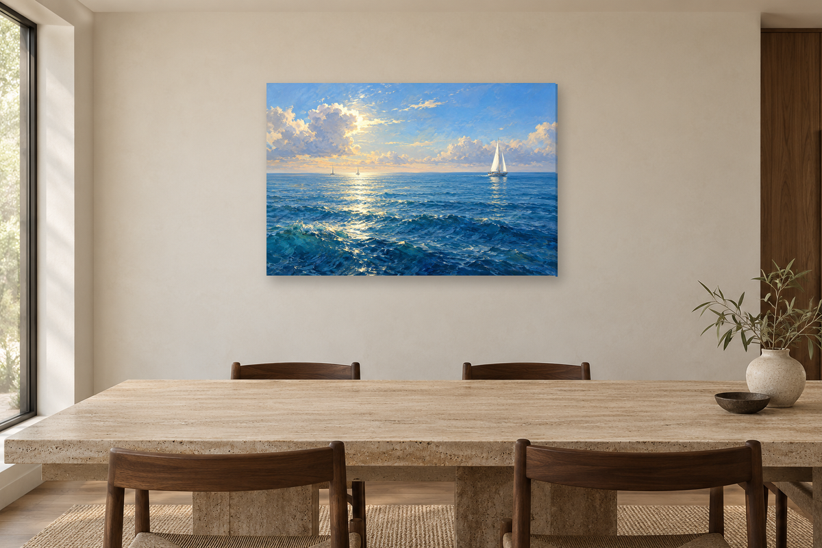 Sailing Into Blue — horizontal canvas in a dining room, full original artwork