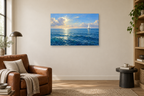 Sailing Into Blue — horizontal canvas in a reading corner, full original artwork