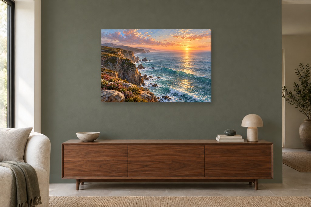 Cliffside Dawn — horizontal canvas in a living room, full original artwork