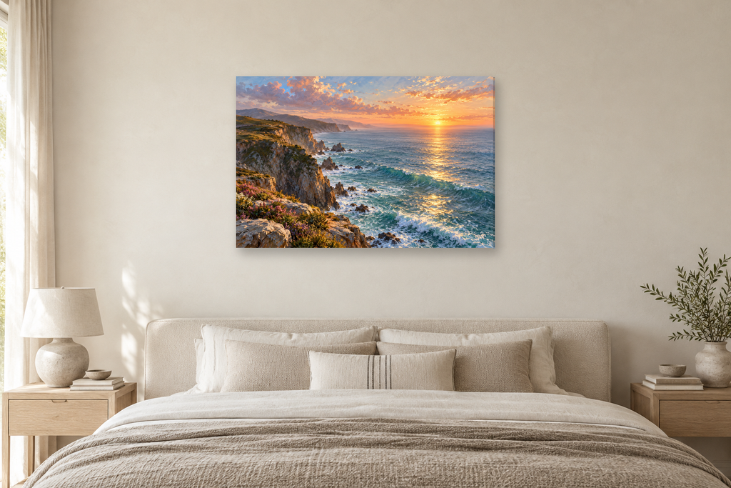 Cliffside Dawn — horizontal canvas in a bedroom, full original artwork