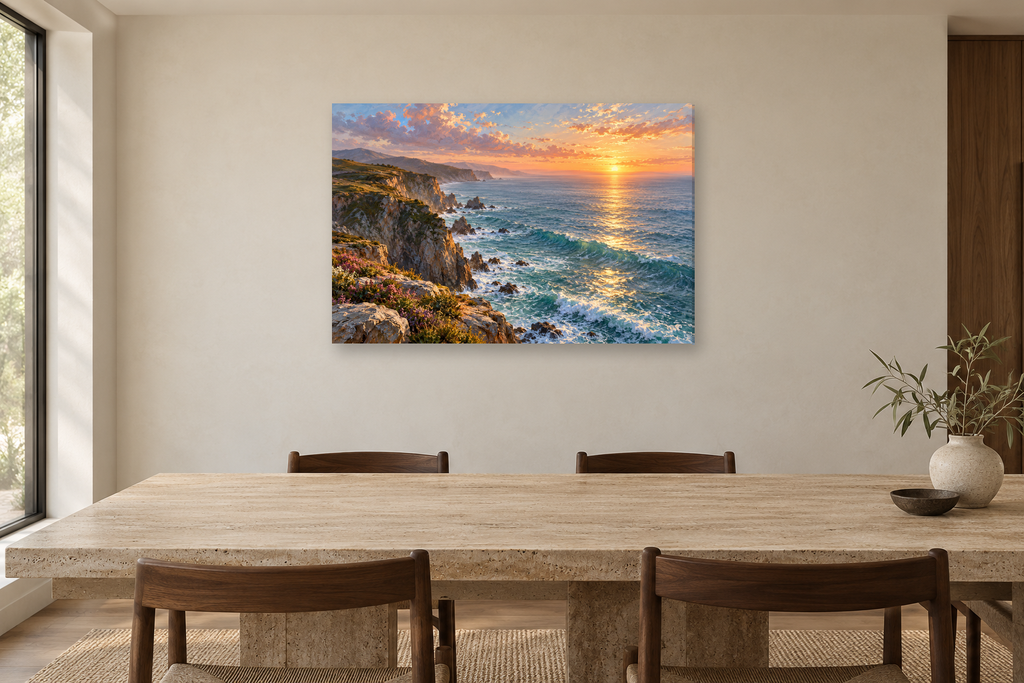 Cliffside Dawn — horizontal canvas in a dining room, full original artwork