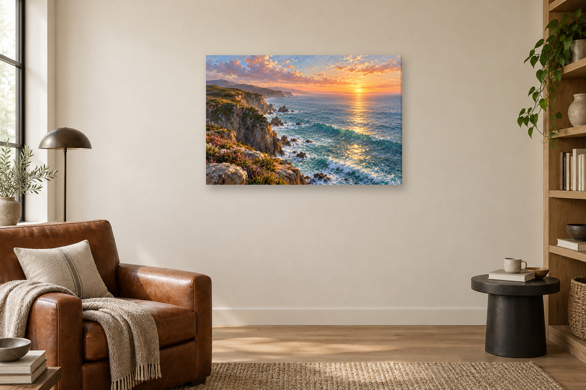 Cliffside Dawn — horizontal canvas in a reading corner, full original artwork