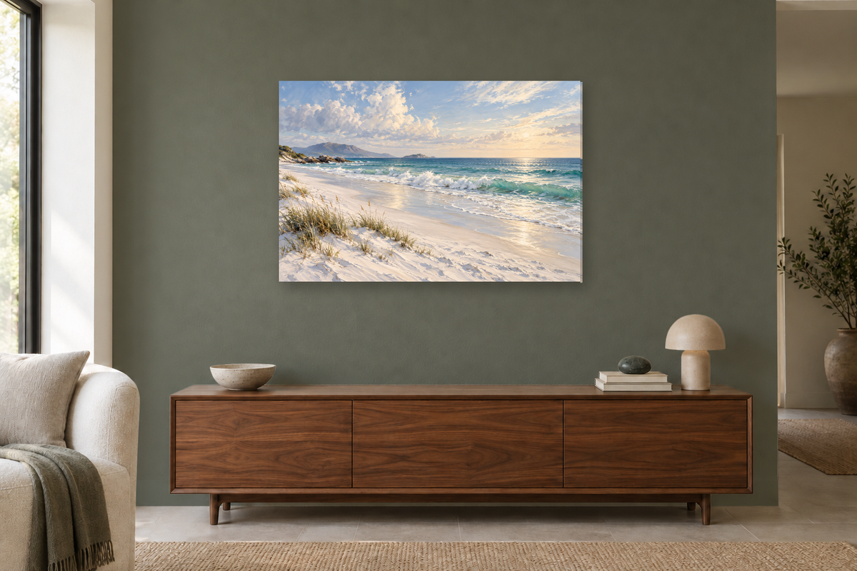 White Sand Silence — horizontal canvas in a living room, full original artwork
