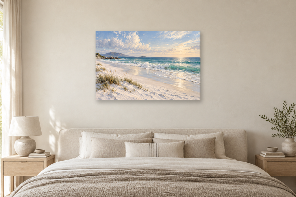 White Sand Silence — horizontal canvas in a bedroom, full original artwork