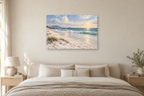 White Sand Silence — horizontal canvas in a bedroom, full original artwork
