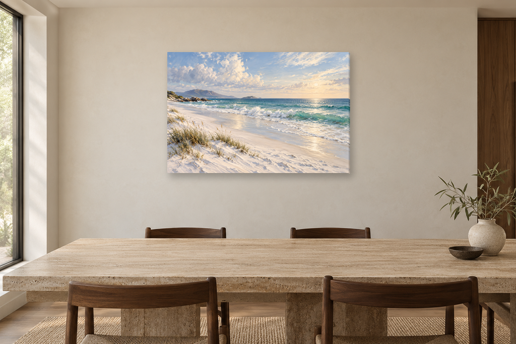 White Sand Silence — horizontal canvas in a dining room, full original artwork