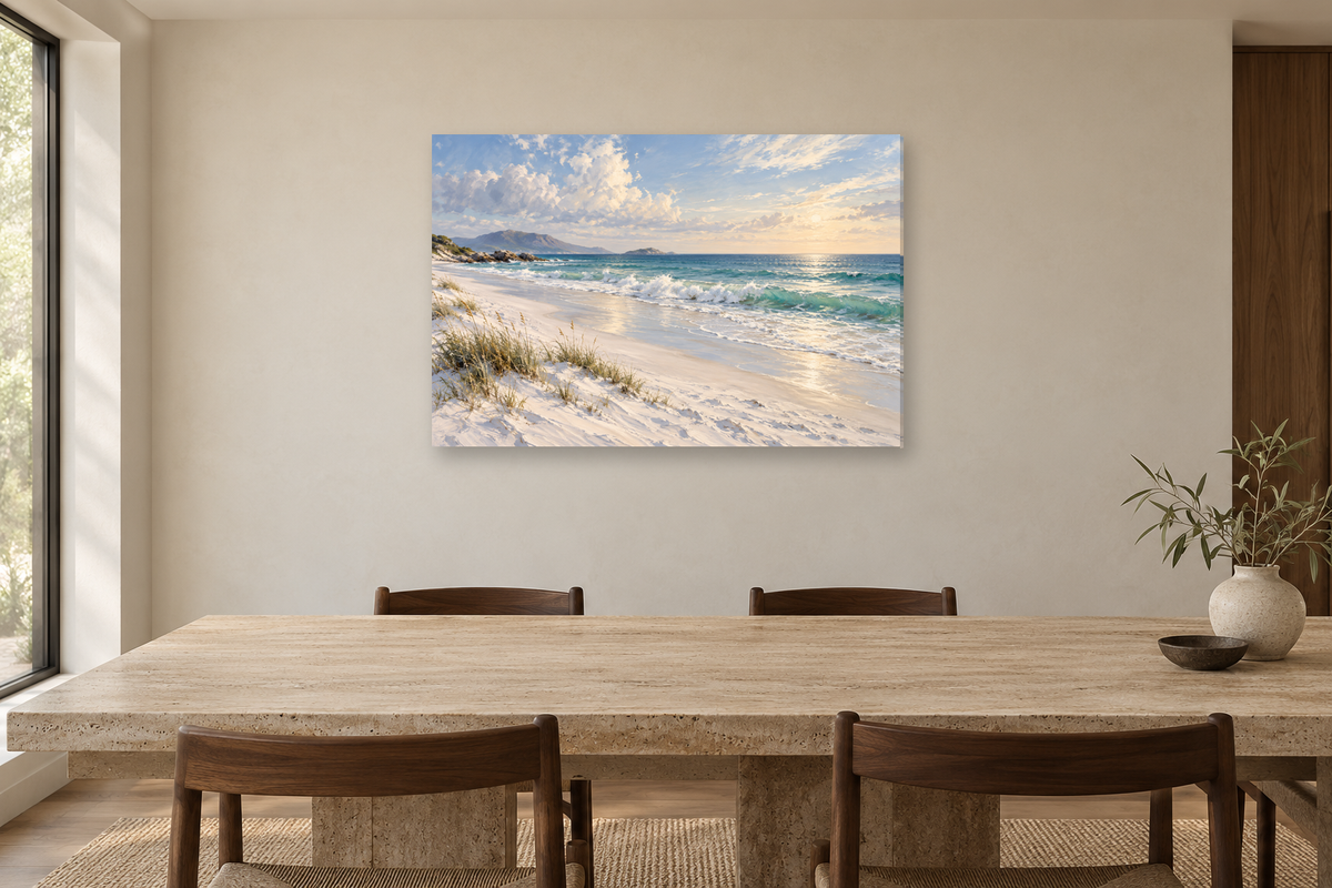 White Sand Silence — horizontal canvas in a dining room, full original artwork