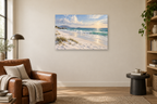 White Sand Silence — horizontal canvas in a reading corner, full original artwork