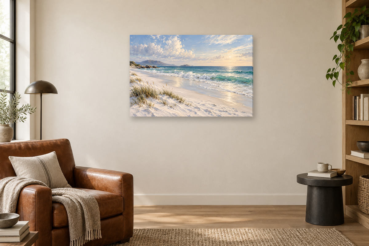 White Sand Silence — horizontal canvas in a reading corner, full original artwork