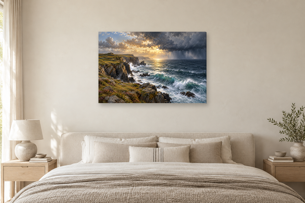 Storm Beyond Shore — horizontal canvas in a bedroom, full original artwork