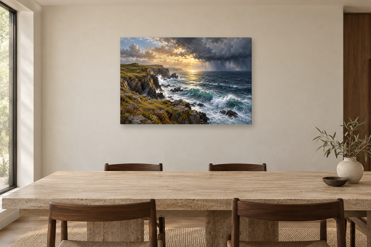 Storm Beyond Shore — horizontal canvas in a dining room, full original artwork