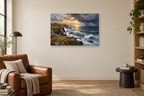 Storm Beyond Shore — horizontal canvas in a reading corner, full original artwork