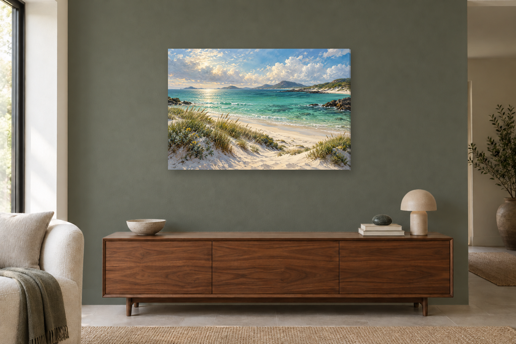 Lagoon Green — horizontal canvas in a living room, full original artwork