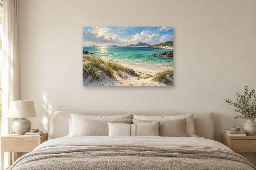 Lagoon Green — horizontal canvas in a bedroom, full original artwork