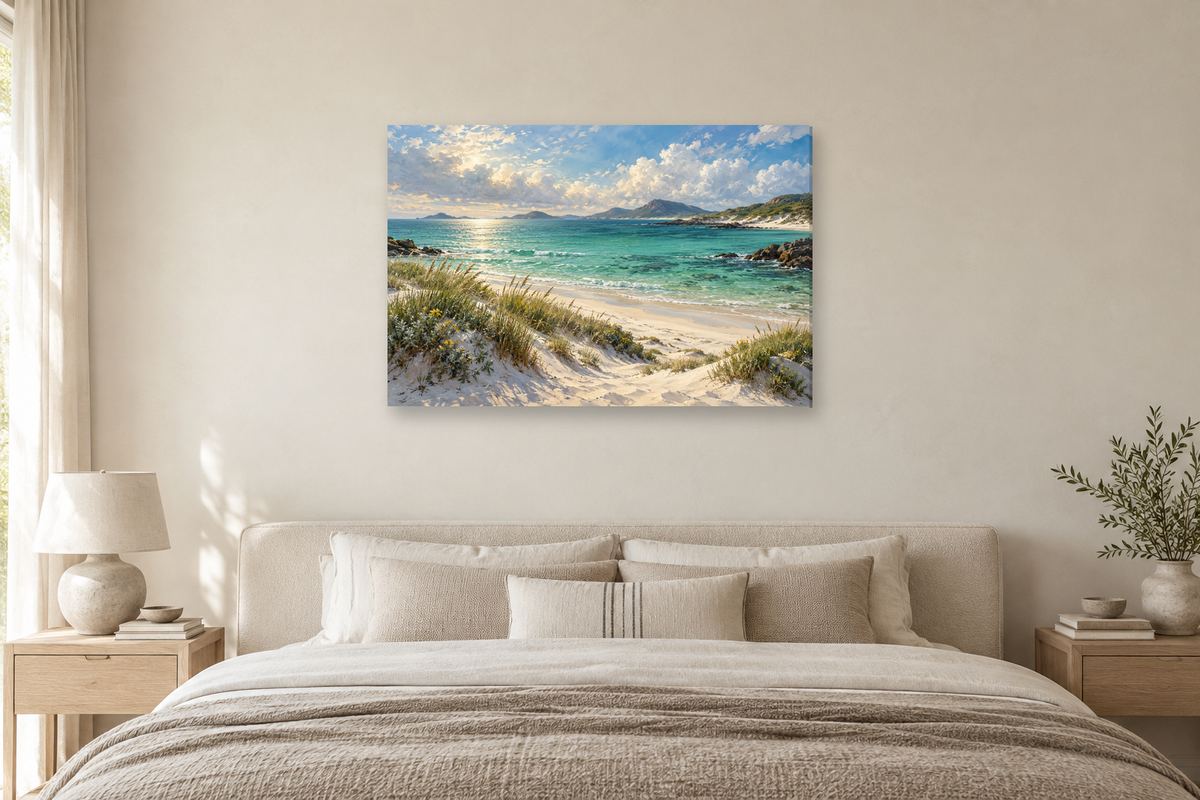 Lagoon Green — horizontal canvas in a bedroom, full original artwork