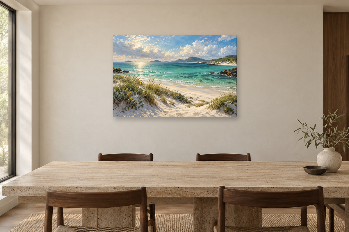 Lagoon Green — horizontal canvas in a dining room, full original artwork