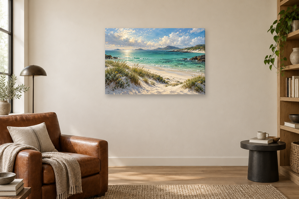 Lagoon Green — horizontal canvas in a reading corner, full original artwork