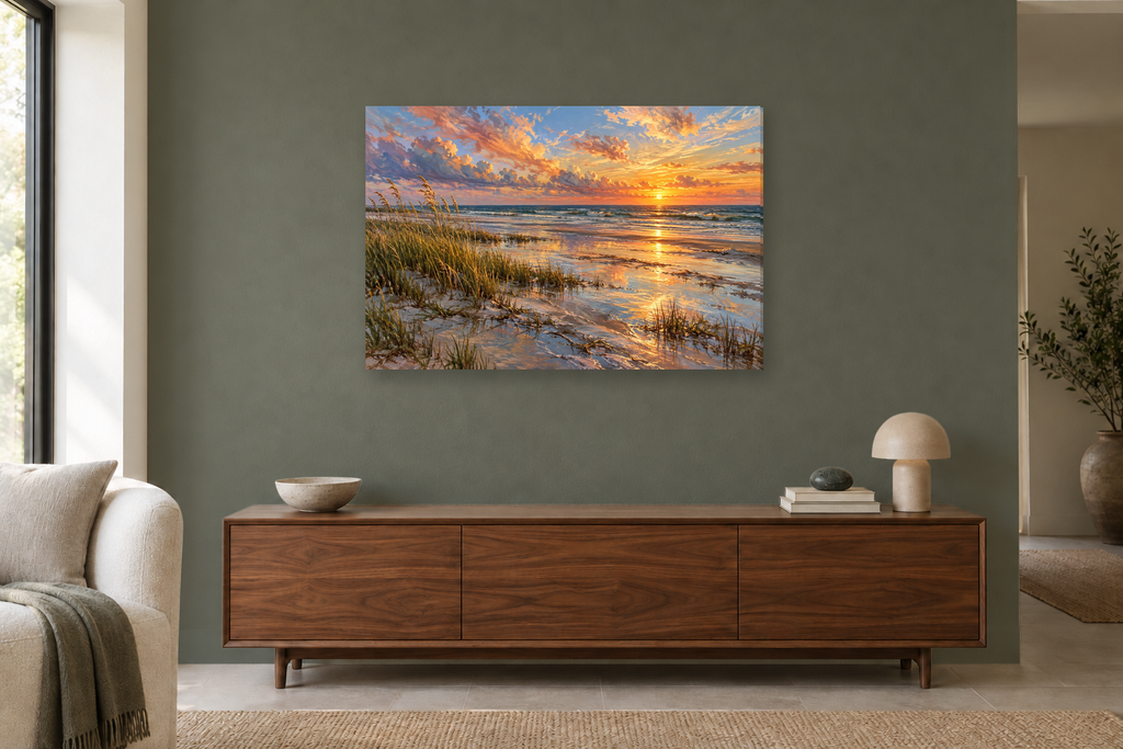 Seagrass Sunset — horizontal canvas in a living room, full original artwork