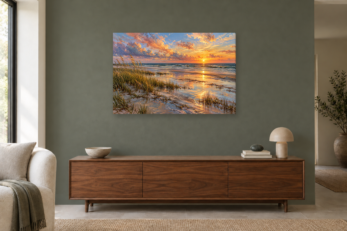 Seagrass Sunset — horizontal canvas in a living room, full original artwork