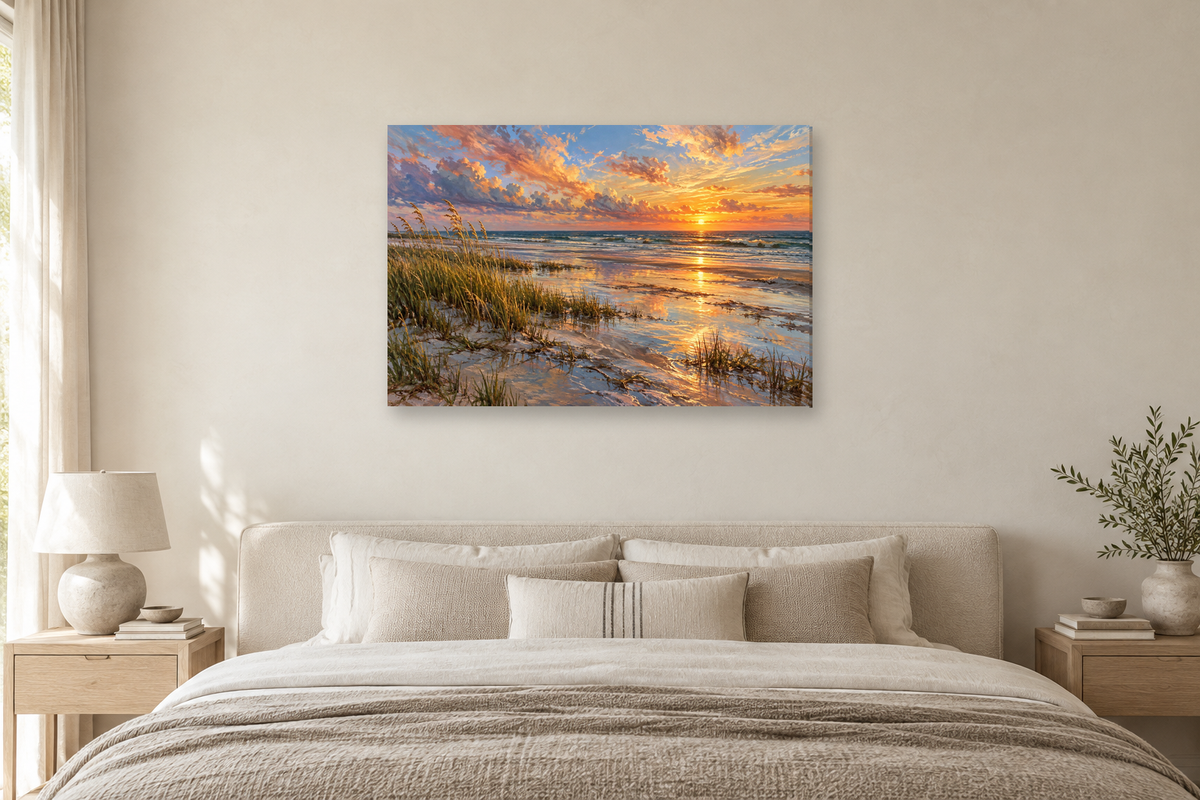 Seagrass Sunset — horizontal canvas in a bedroom, full original artwork