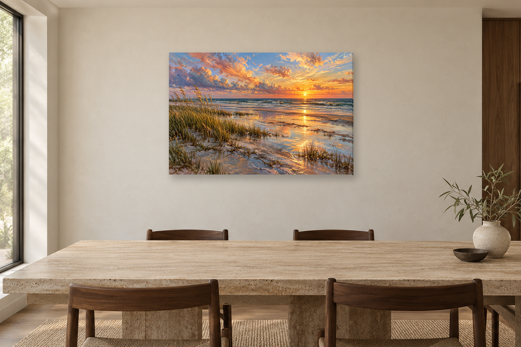 Seagrass Sunset — horizontal canvas in a dining room, full original artwork