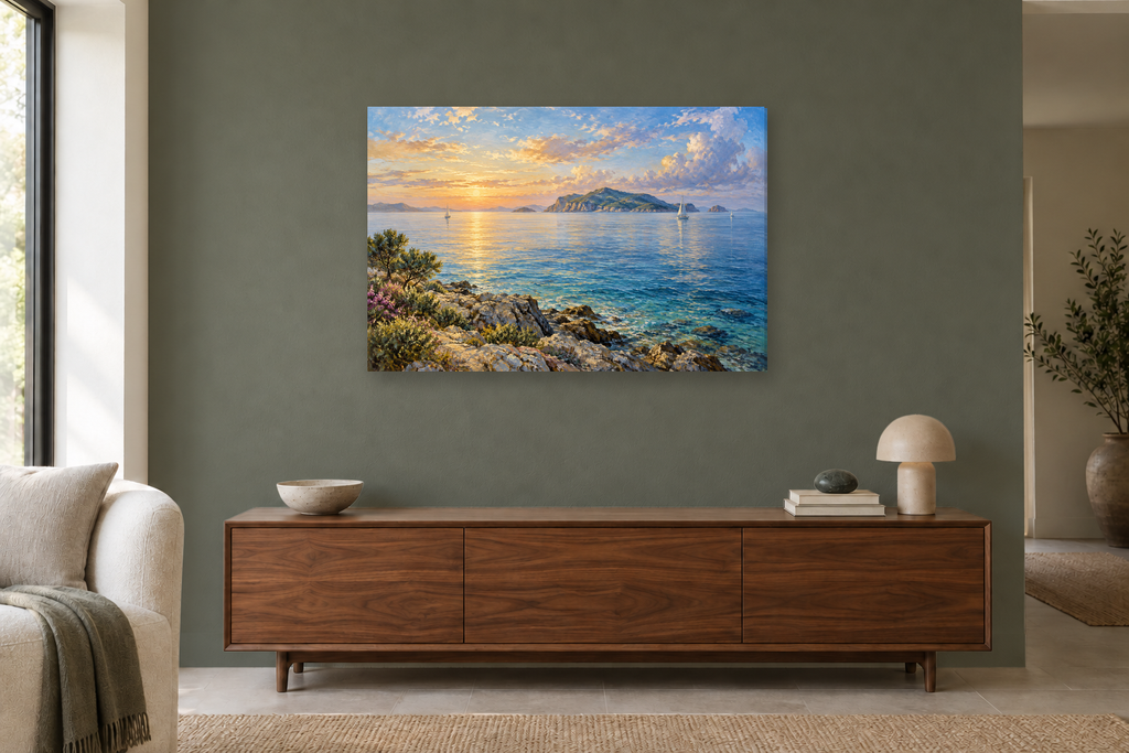 Island Horizon — horizontal canvas in a living room, full original artwork