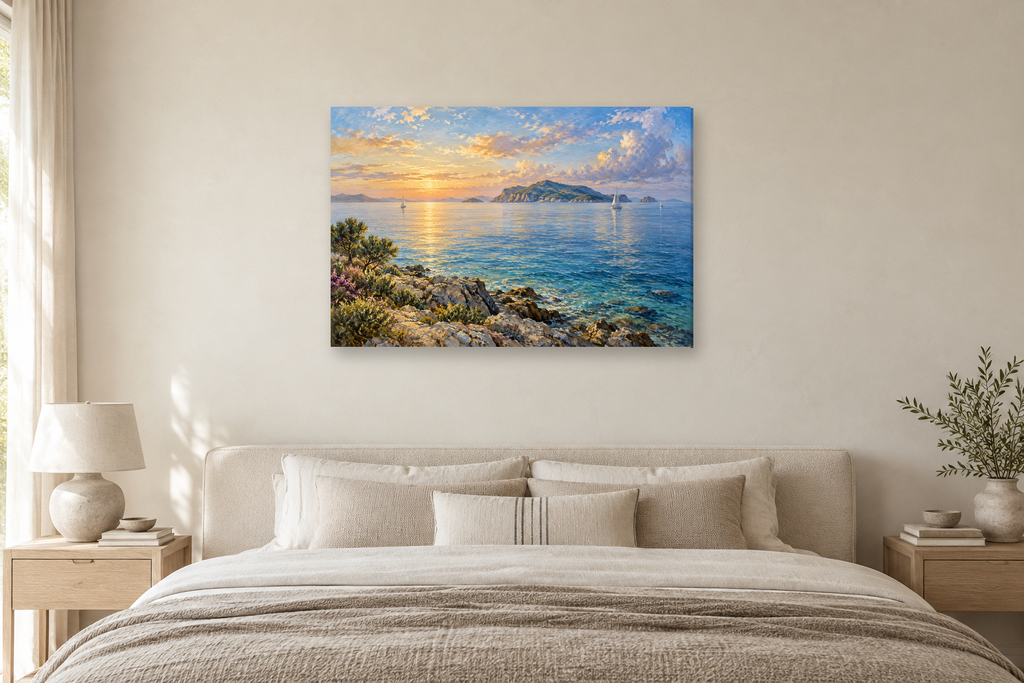 Island Horizon — horizontal canvas in a bedroom, full original artwork