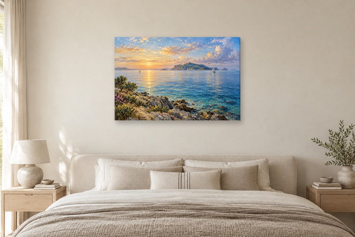 Island Horizon — horizontal canvas in a bedroom, full original artwork